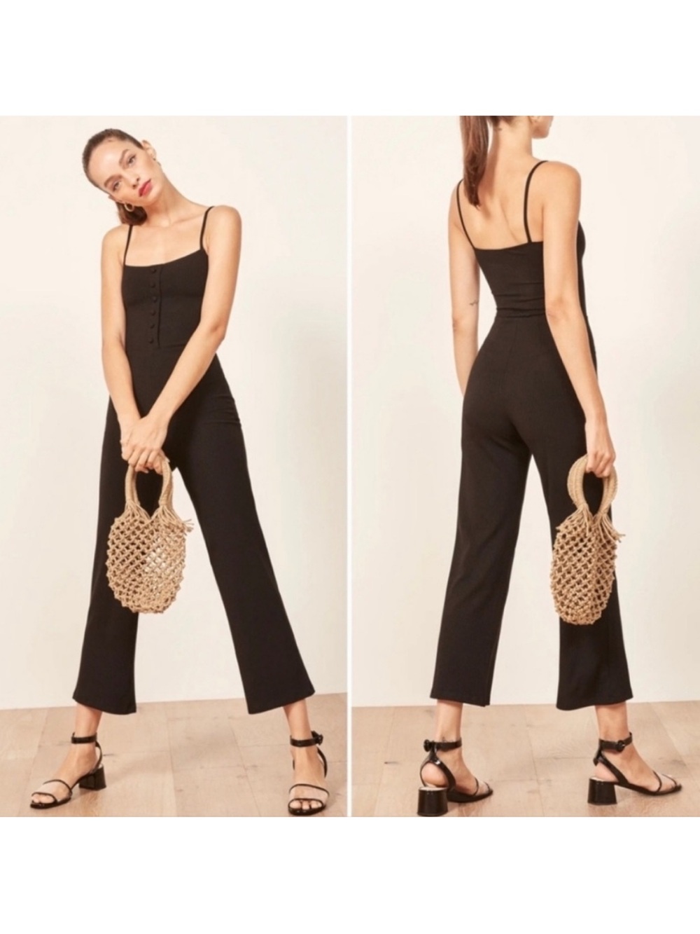Reformation ribbed jumpsuit small Black Sleeveless Wide-Leg fitted